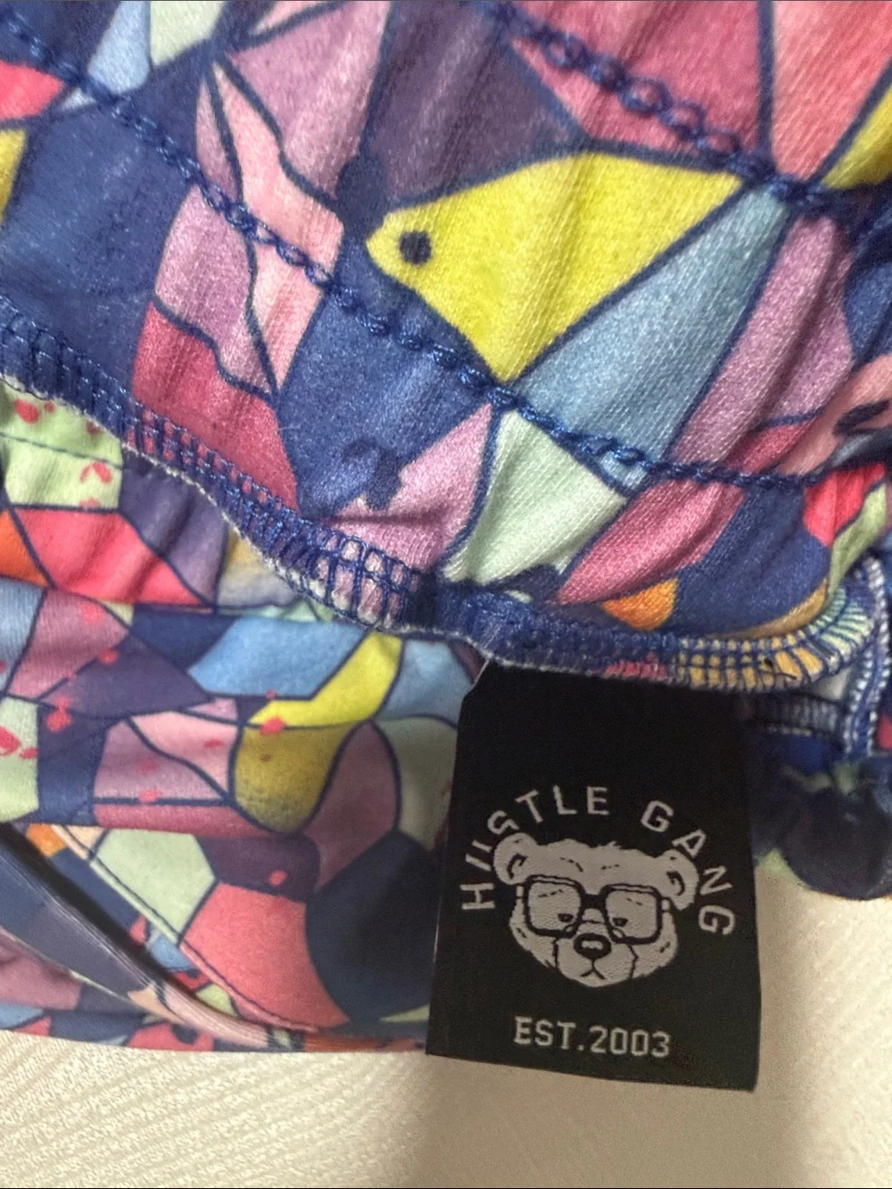 HUSTLE GANG Men Multicolor Mosaic Athletic Shorts with Blue Side Panels size L
